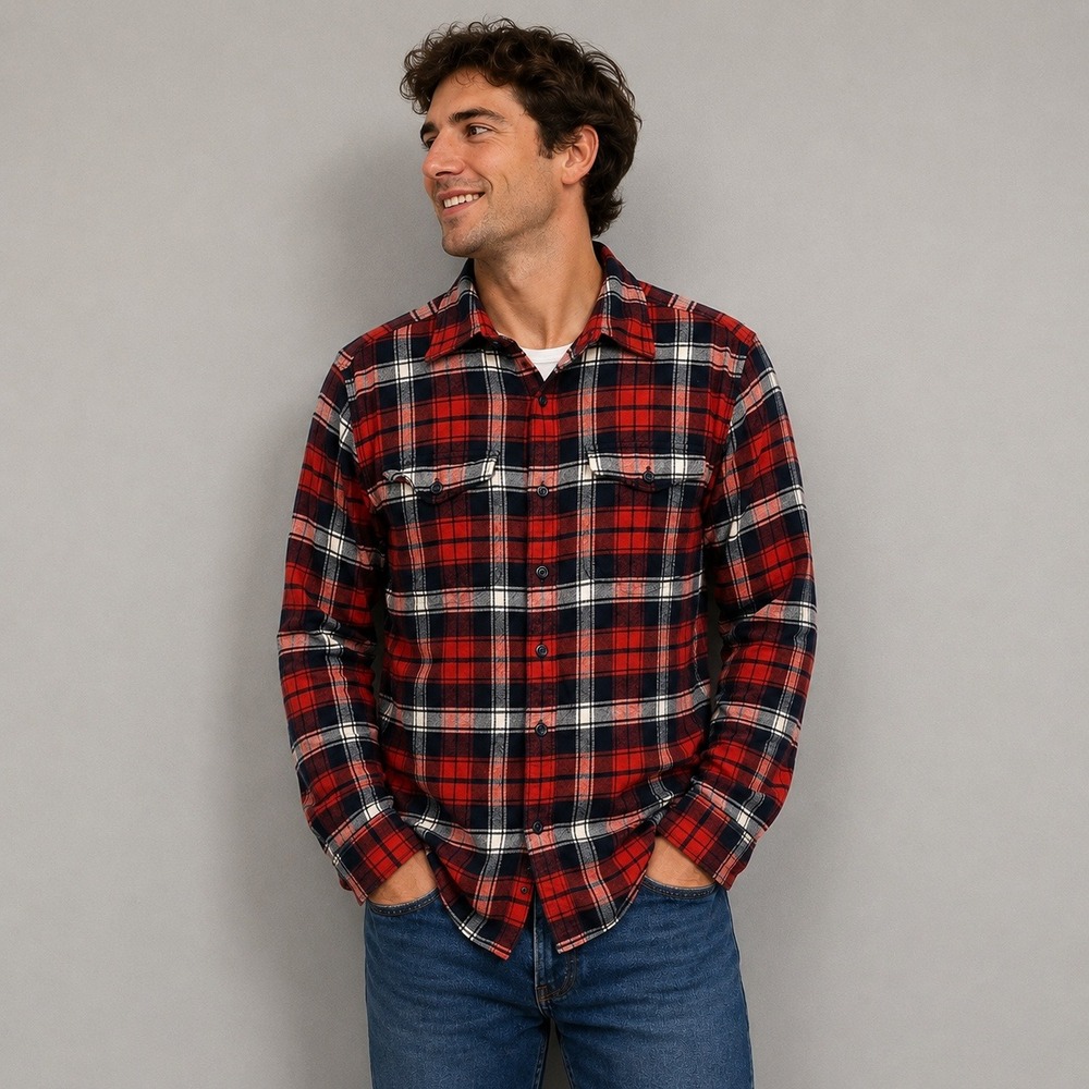 American Eagle Mens Small Red Blue Plaid Flannel Button Down Shirt Long Sleeve